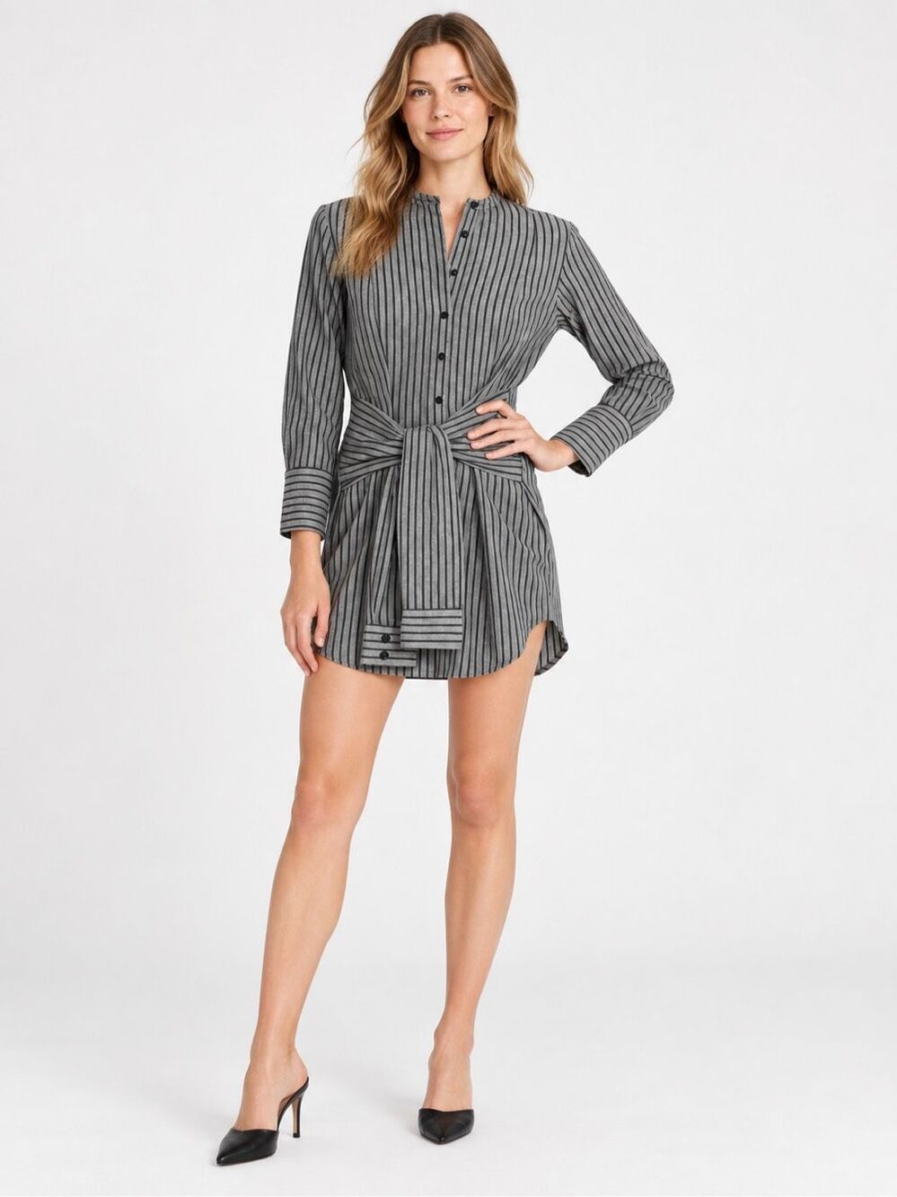 Derek Lam 10 Crosby Grey Pinstripe Tie Waist Long Sleeve Mini Shirt Dress 8